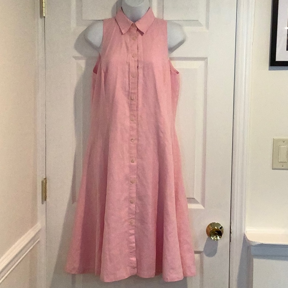 LAUREN RALPH LAUREN Pink 100% Linen Coastal Grandma Summer Beachy Picnic Dress 8